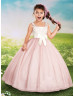 V Neck Ivory Lace Dusty Rose Tulle Wedding Flower Girl Dress